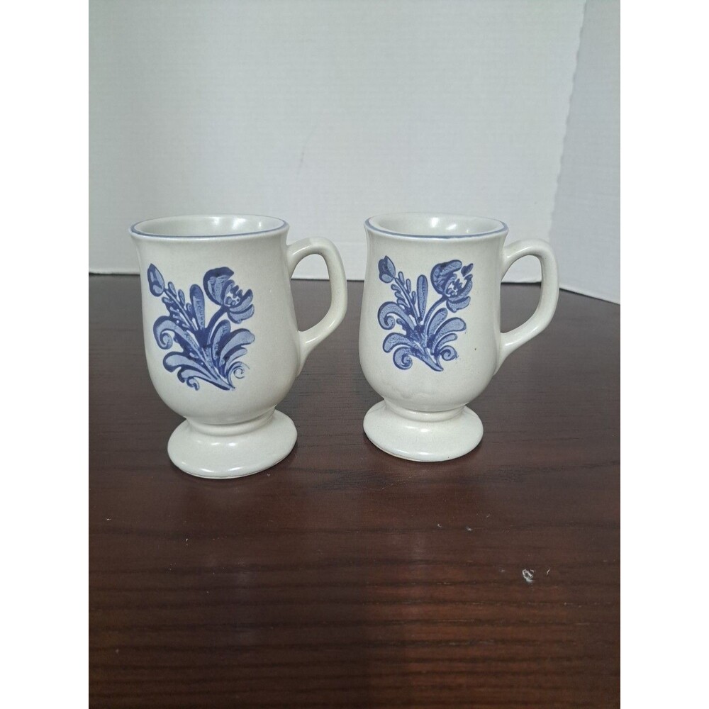 Set Of Pfaltzgraff Blue Floral Yorketown Footed Mugs Made Is USA